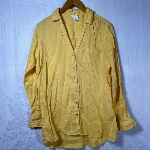 Sigrid Olsen Medium Button Up Shirt Yellow Linen Long Sleeve Roll Tab Boho - Picture 1 of 13